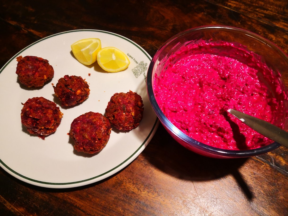 Beetroot keftedes with beetroot tsatziki recipe