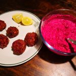 Beetroot keftedes and beetroot tzatziki