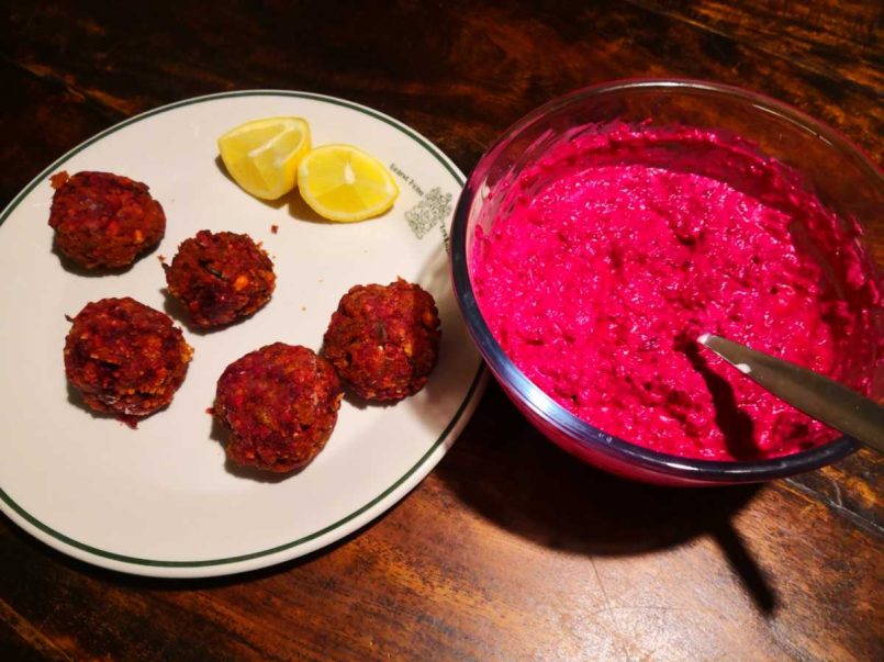 Beetroot keftedes and beetroot tzatziki