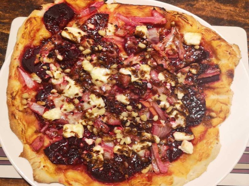 Beetroot onion and feta pizza