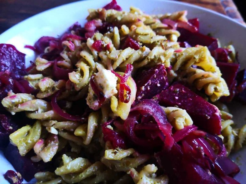 Beetroot pesto and feta pasta