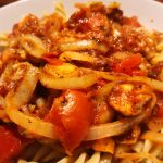 Halloumi, onion and tomato pasta