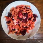 Beetroot, walnuts and red onion pasta