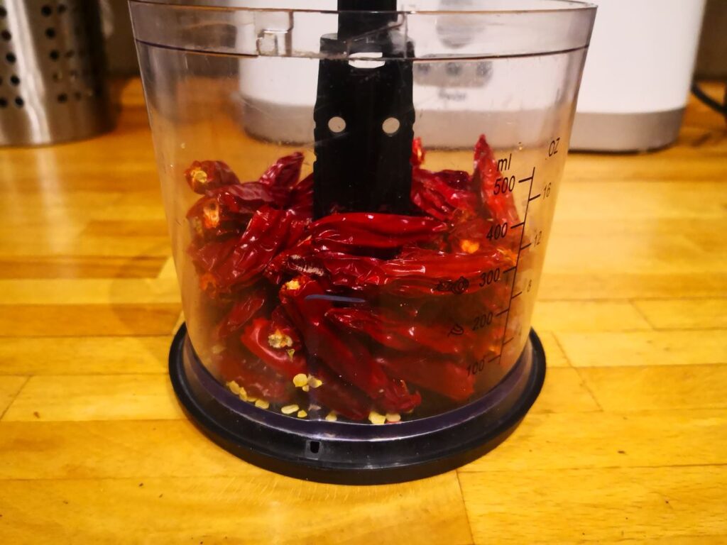 Dried chillies in chopper