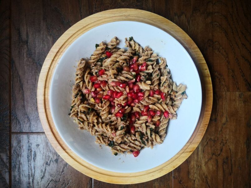 Creamy walnut and pomegranate pasta